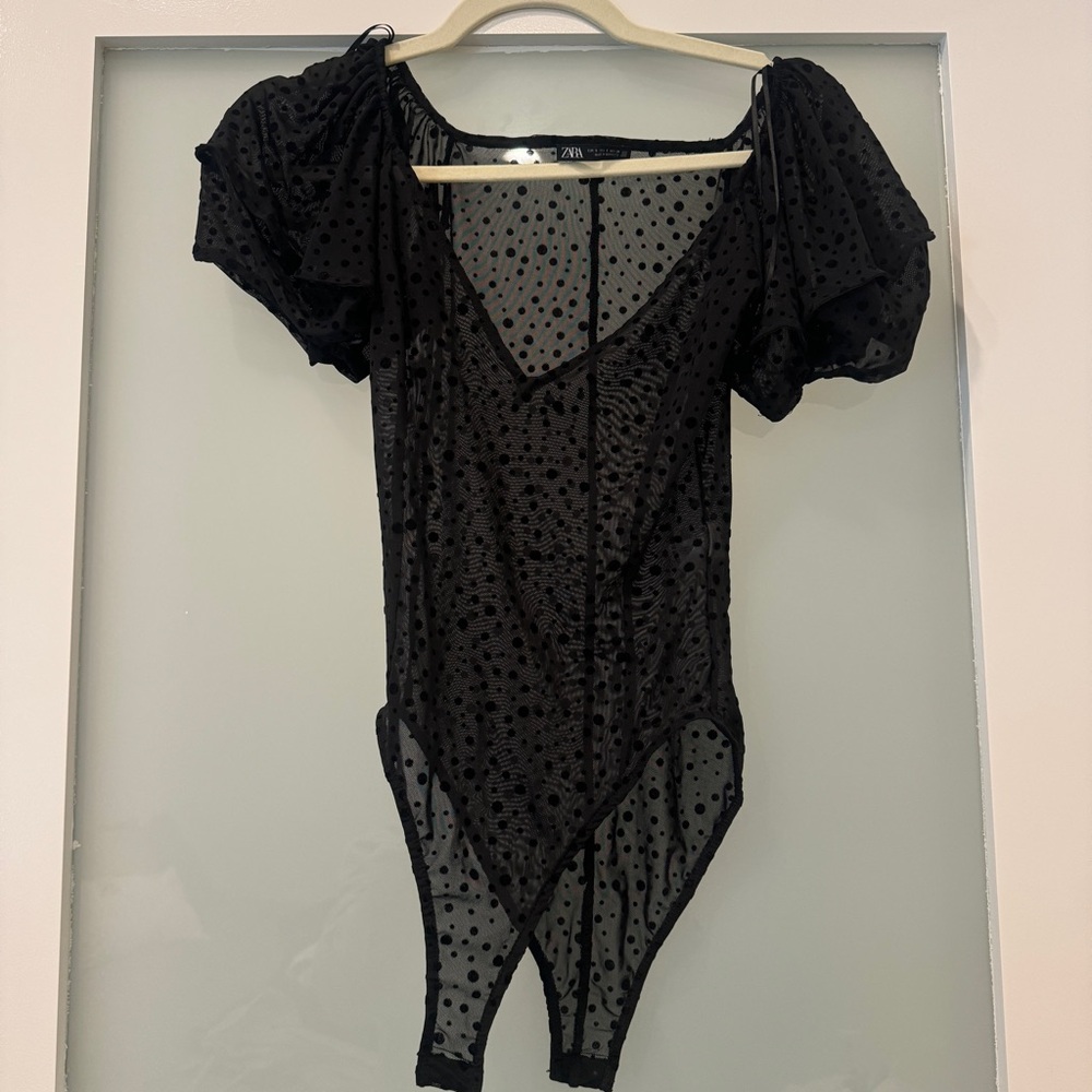 Zara Black Sheer Polka Dot Bodysuit